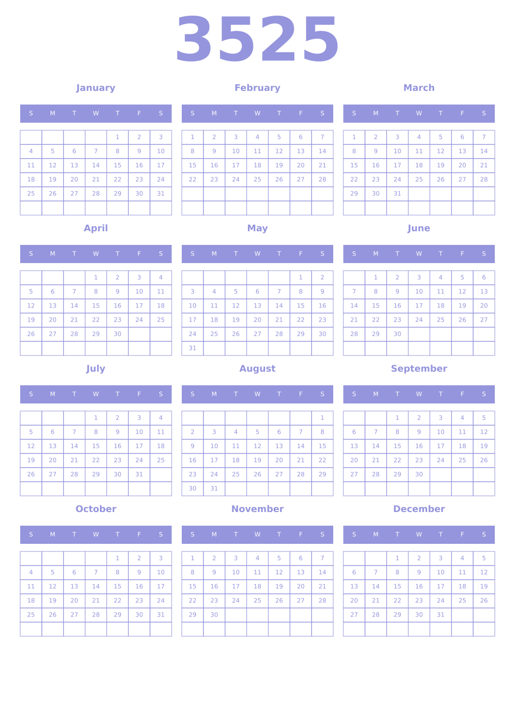Printable 3525 Year Calendars periwinkle