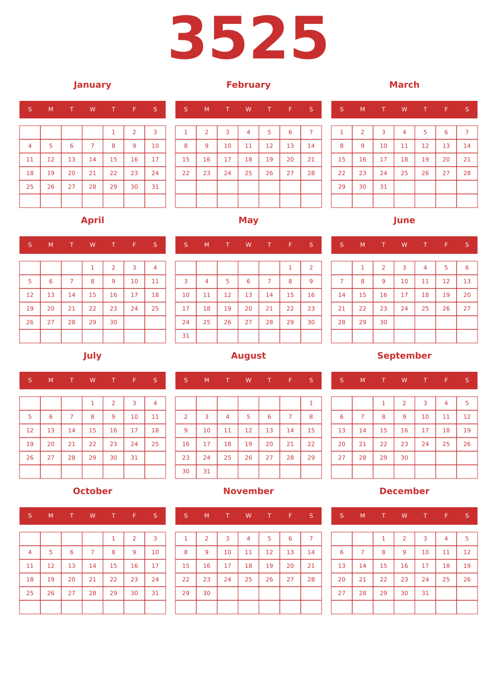 Printable 3525 Year Calendars red