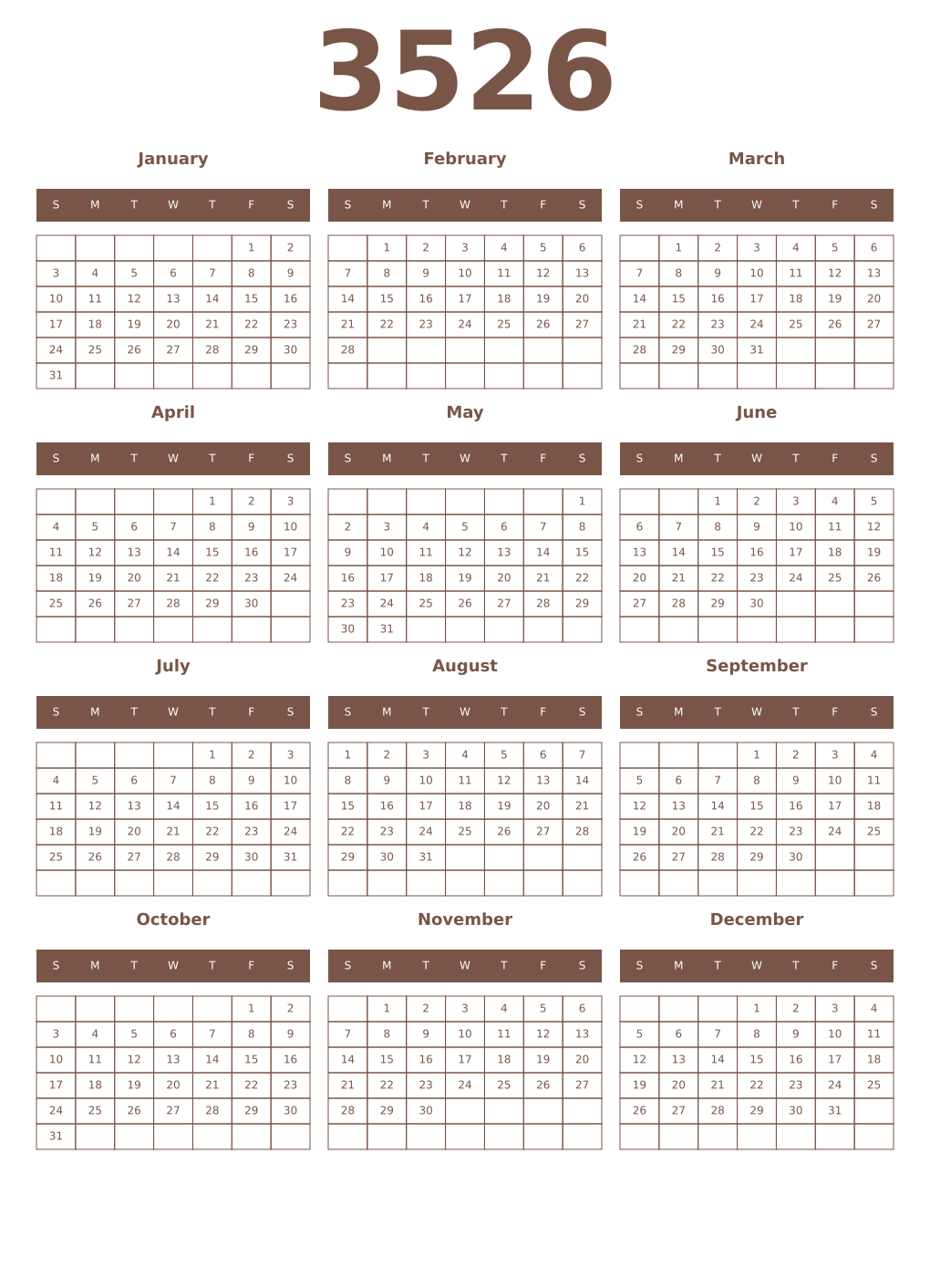 Printable 3526 Year Calendars coffe