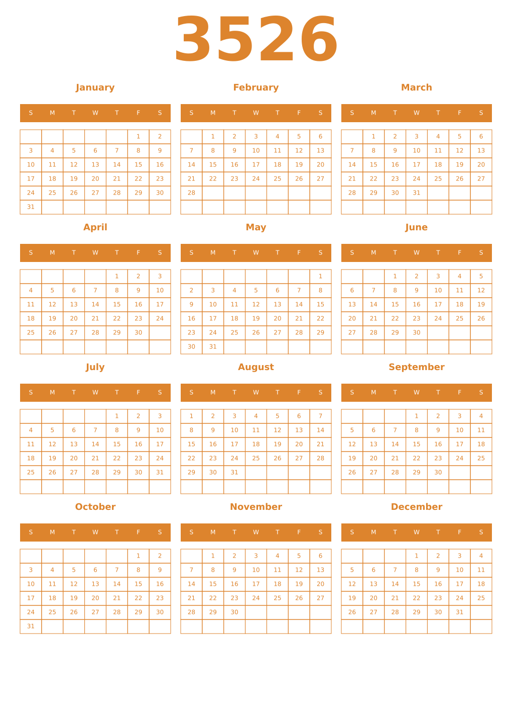 Printable 3526 Year Calendars orange