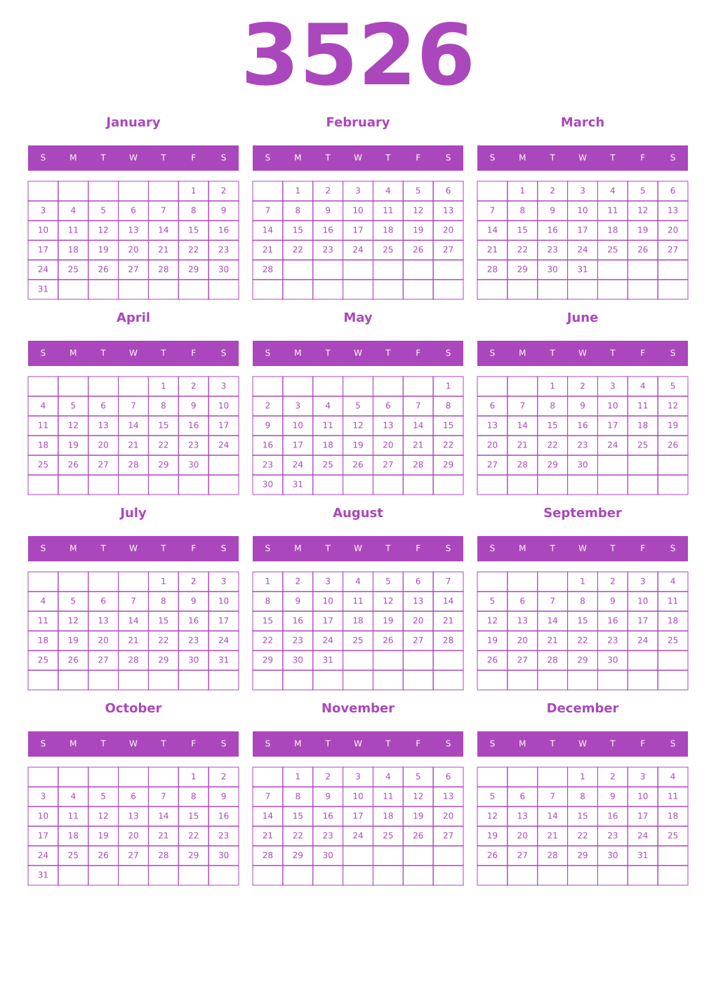 Printable 3526 Year Calendars purple