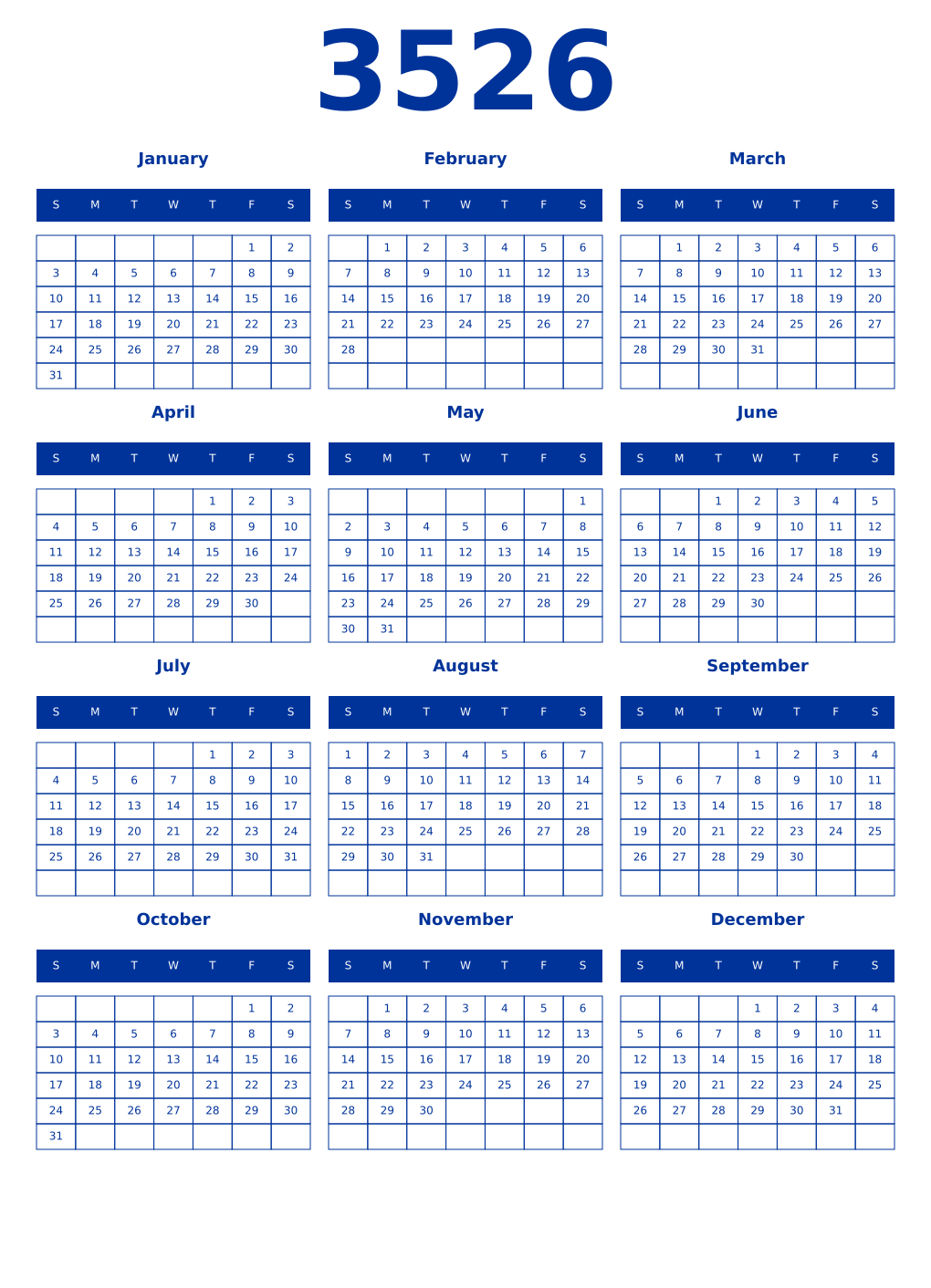 Printable 3526 Year Calendars smalt
