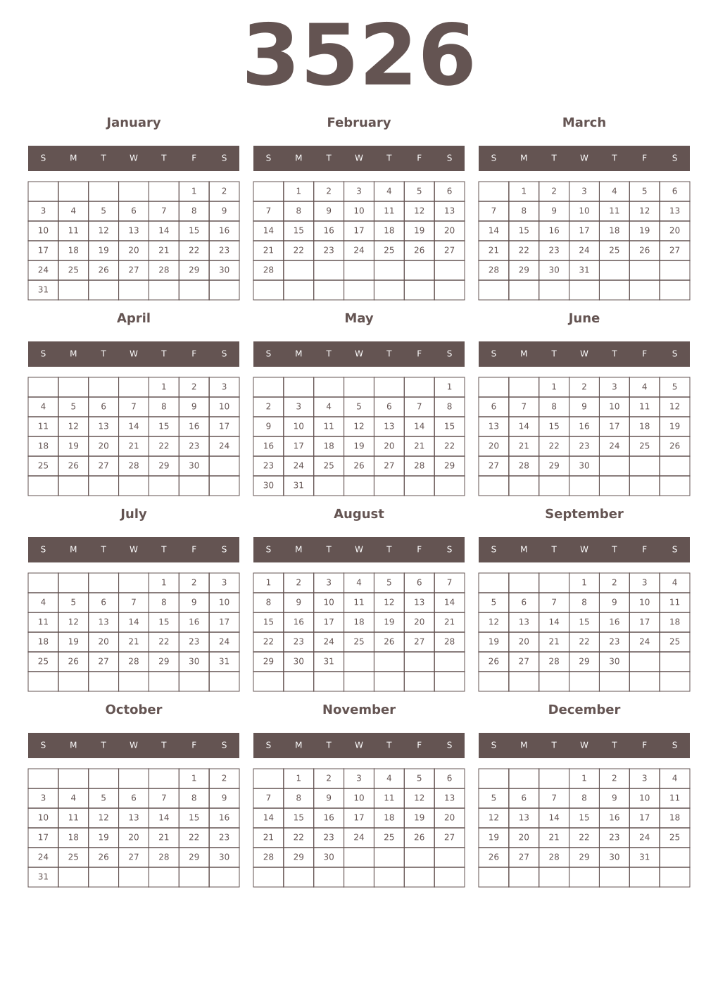 Printable 3526 Year Calendars wenge