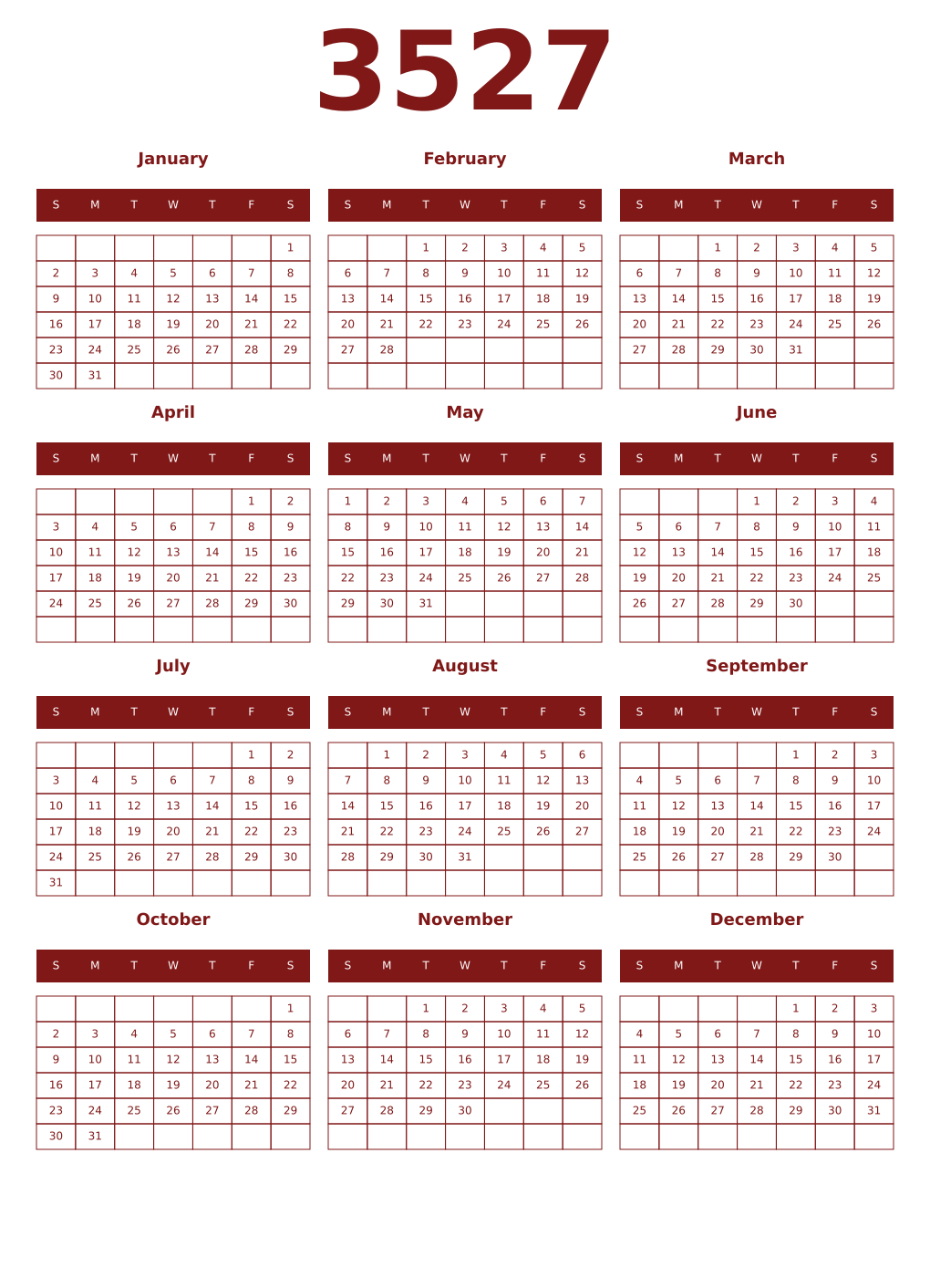 Printable 3527 Year Calendars falu