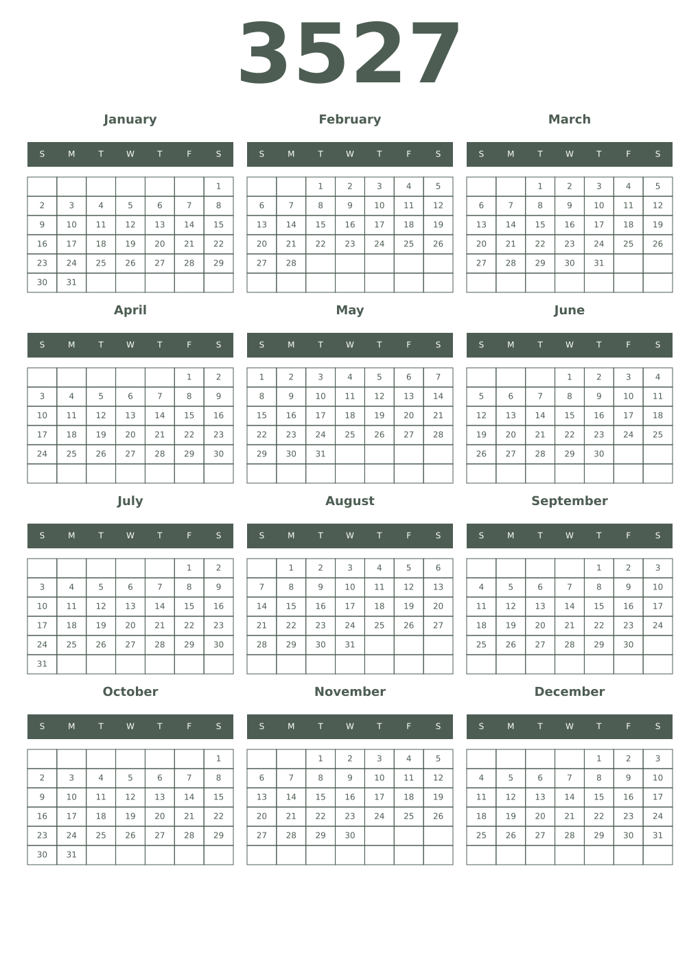 Printable 3527 Year Calendars feldgrau