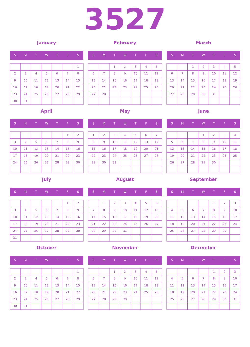 Printable 3527 Year Calendars purple