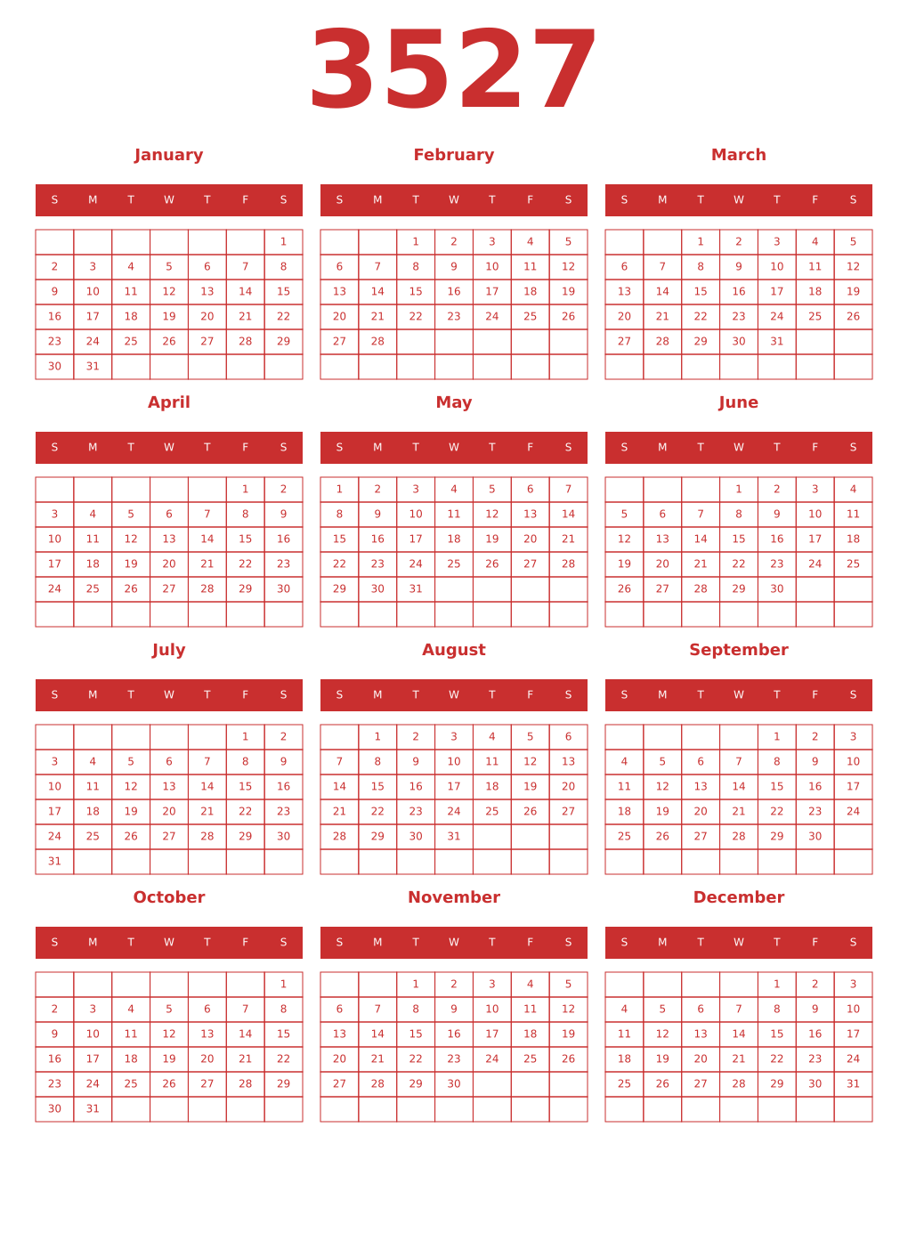 Printable 3527 Year Calendars red