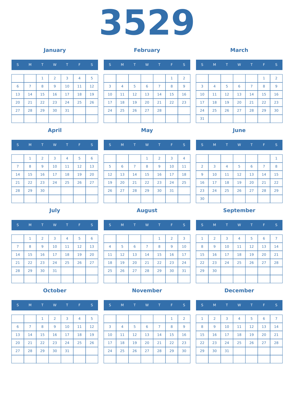 Printable 3529 Year Calendars blue