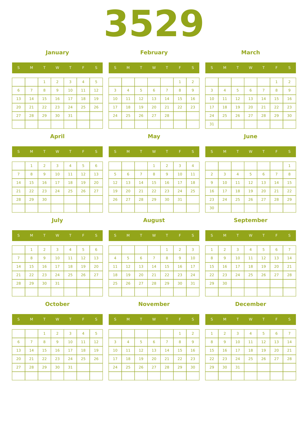 Printable 3529 Year Calendars chartreuse
