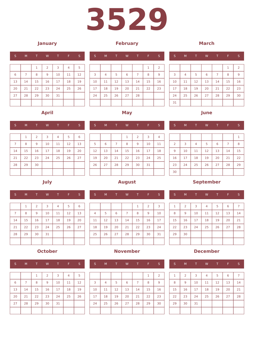 Printable 3529 Year Calendars cordovan