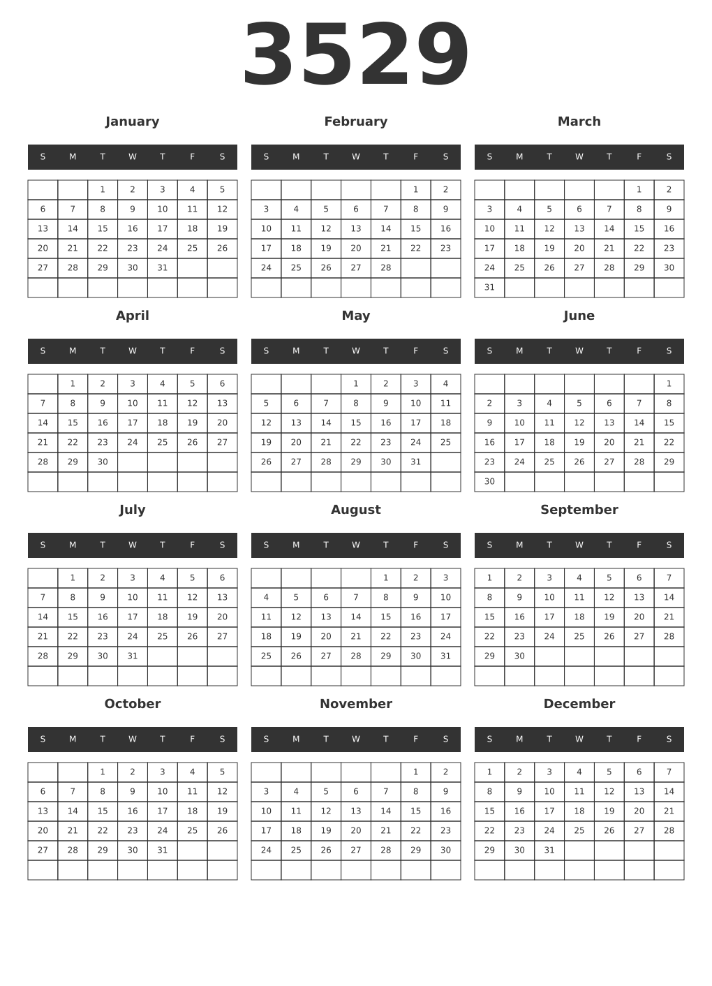 Printable 3529 Year Calendars dark