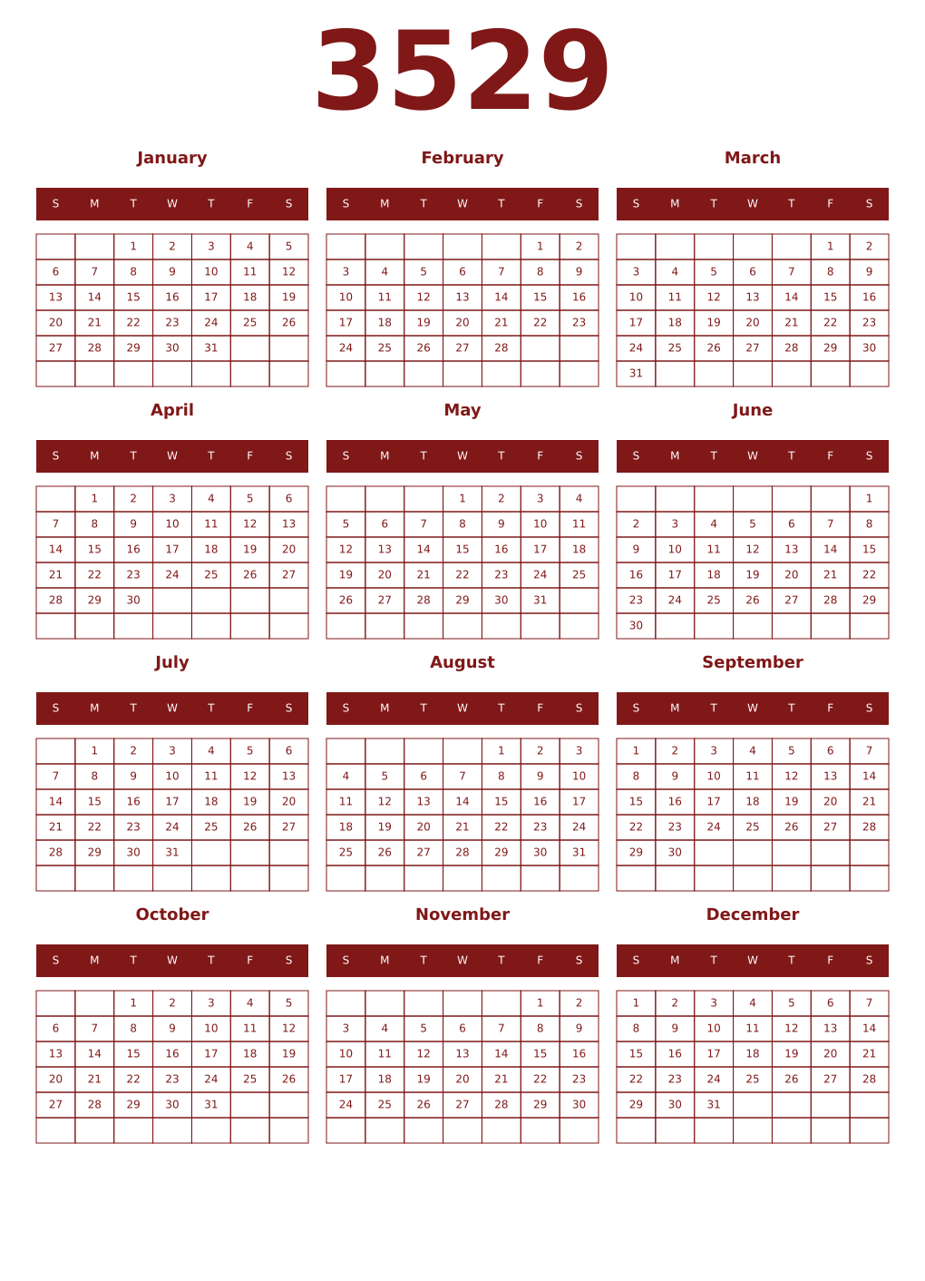 Printable 3529 Year Calendars falu
