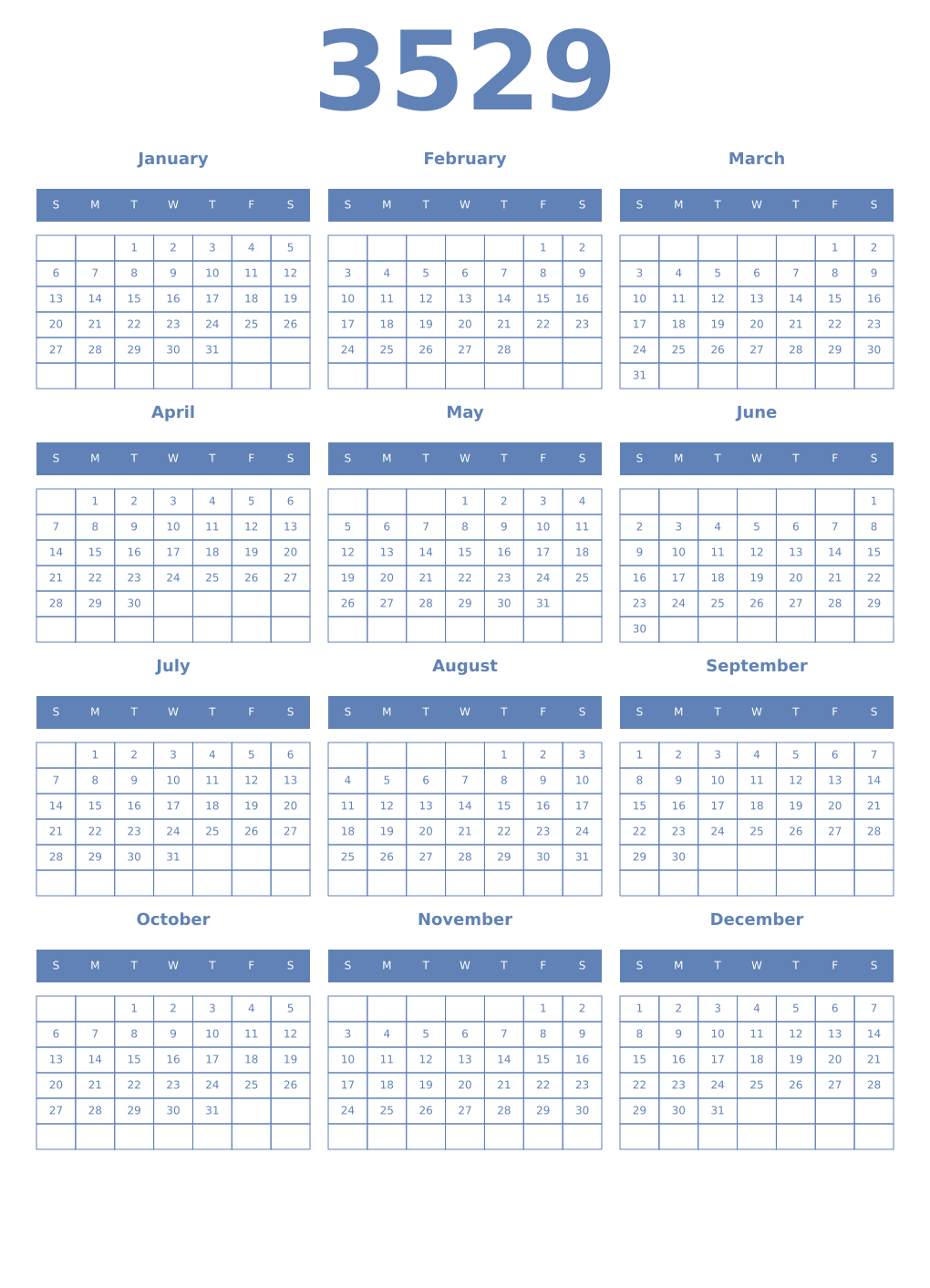Printable 3529 Year Calendars glaucous