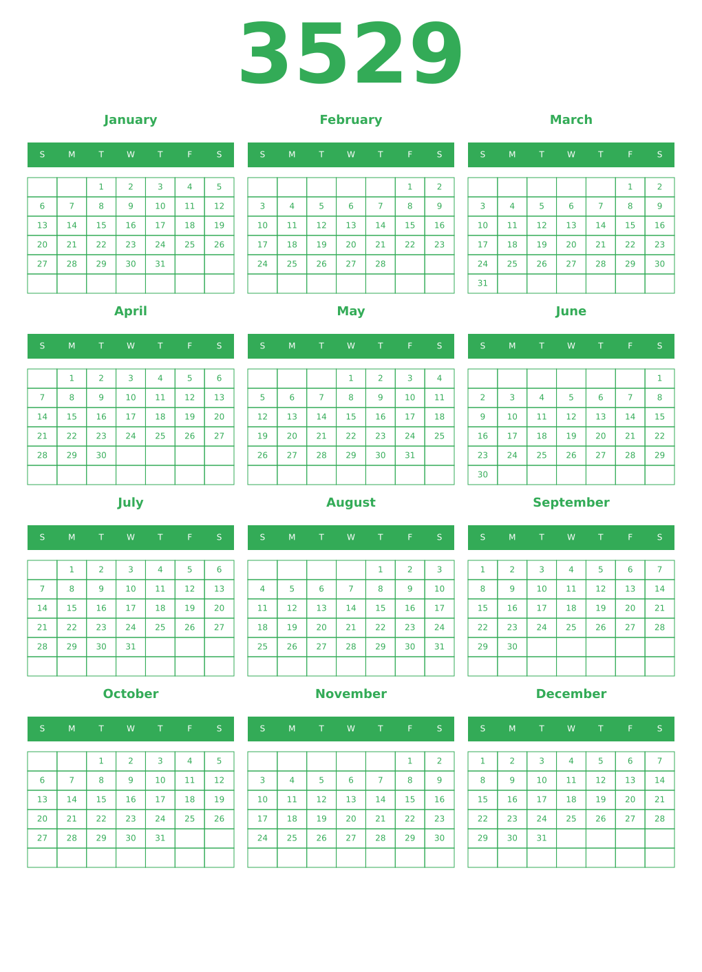 Printable 3529 Year Calendars green