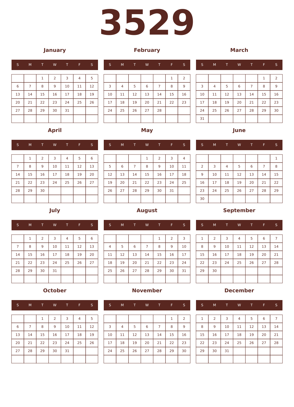 Printable 3529 Year Calendars mortuum