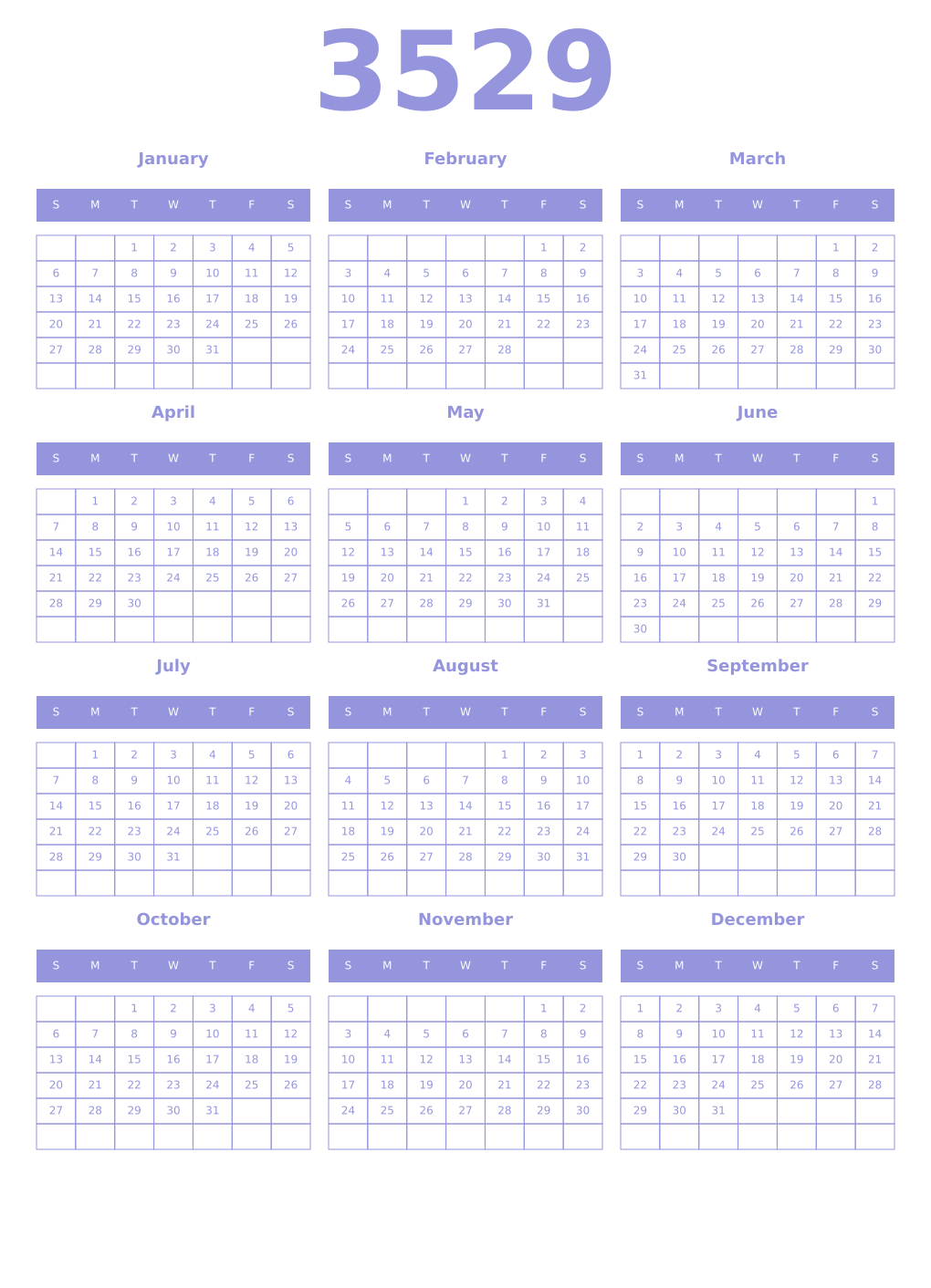 Printable 3529 Year Calendars periwinkle