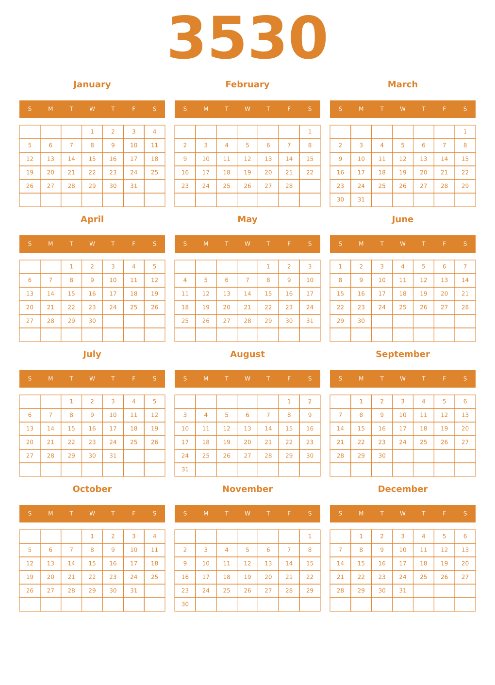 Printable 3530 Year Calendars orange