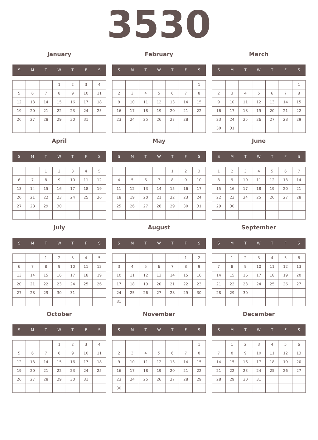 Printable 3530 Year Calendars wenge