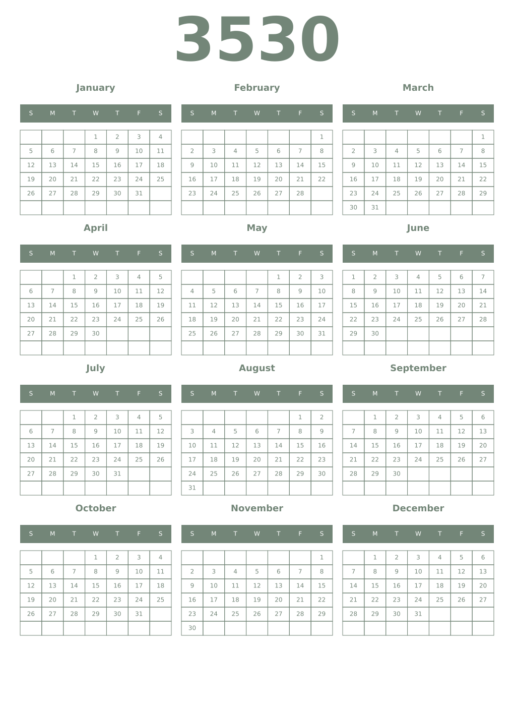 Printable 3530 Year Calendars xanadu