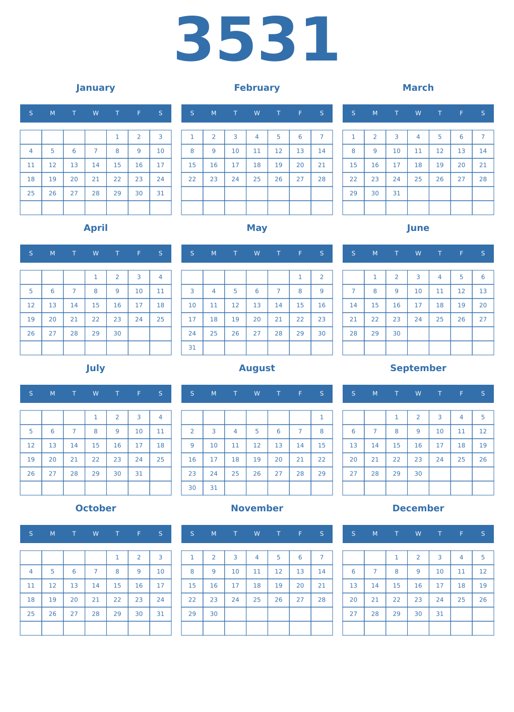 Printable 3531 Year Calendars blue
