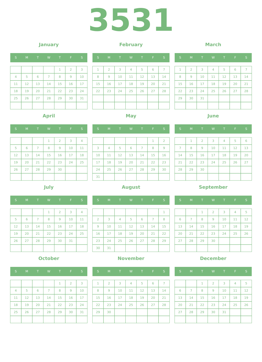 Printable 3531 Year Calendars celadon
