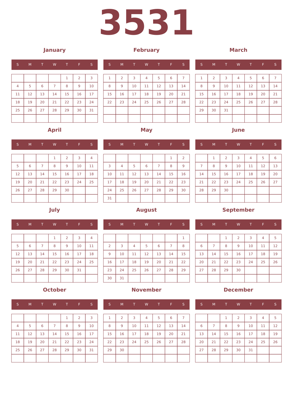 Printable 3531 Year Calendars cordovan