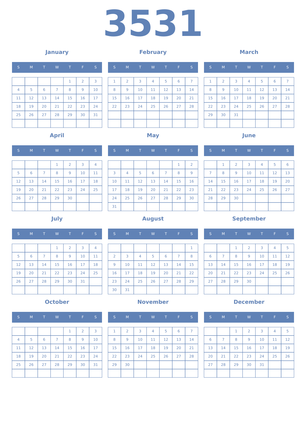 Printable 3531 Year Calendars glaucous