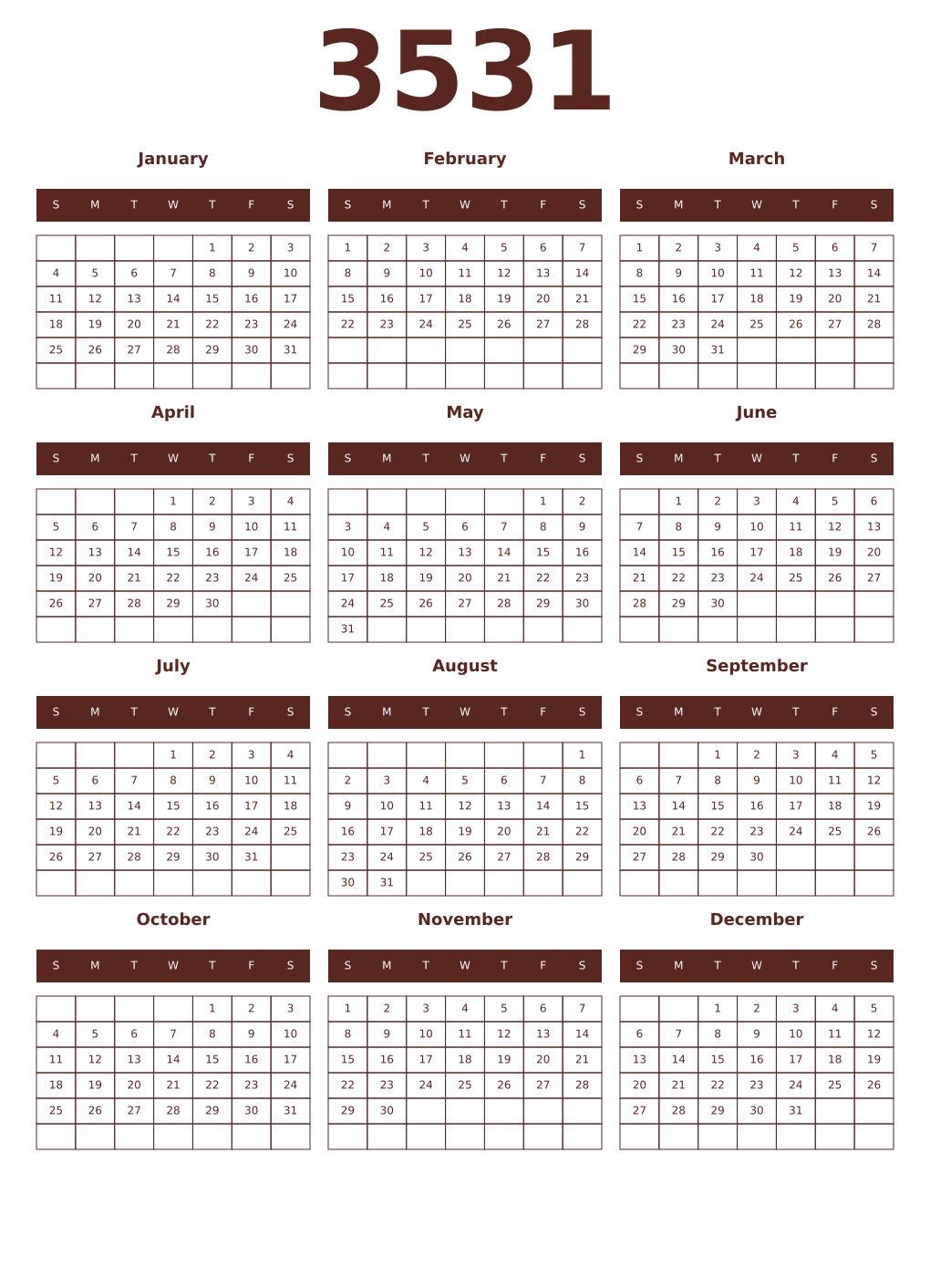 Printable 3531 Year Calendars mortuum