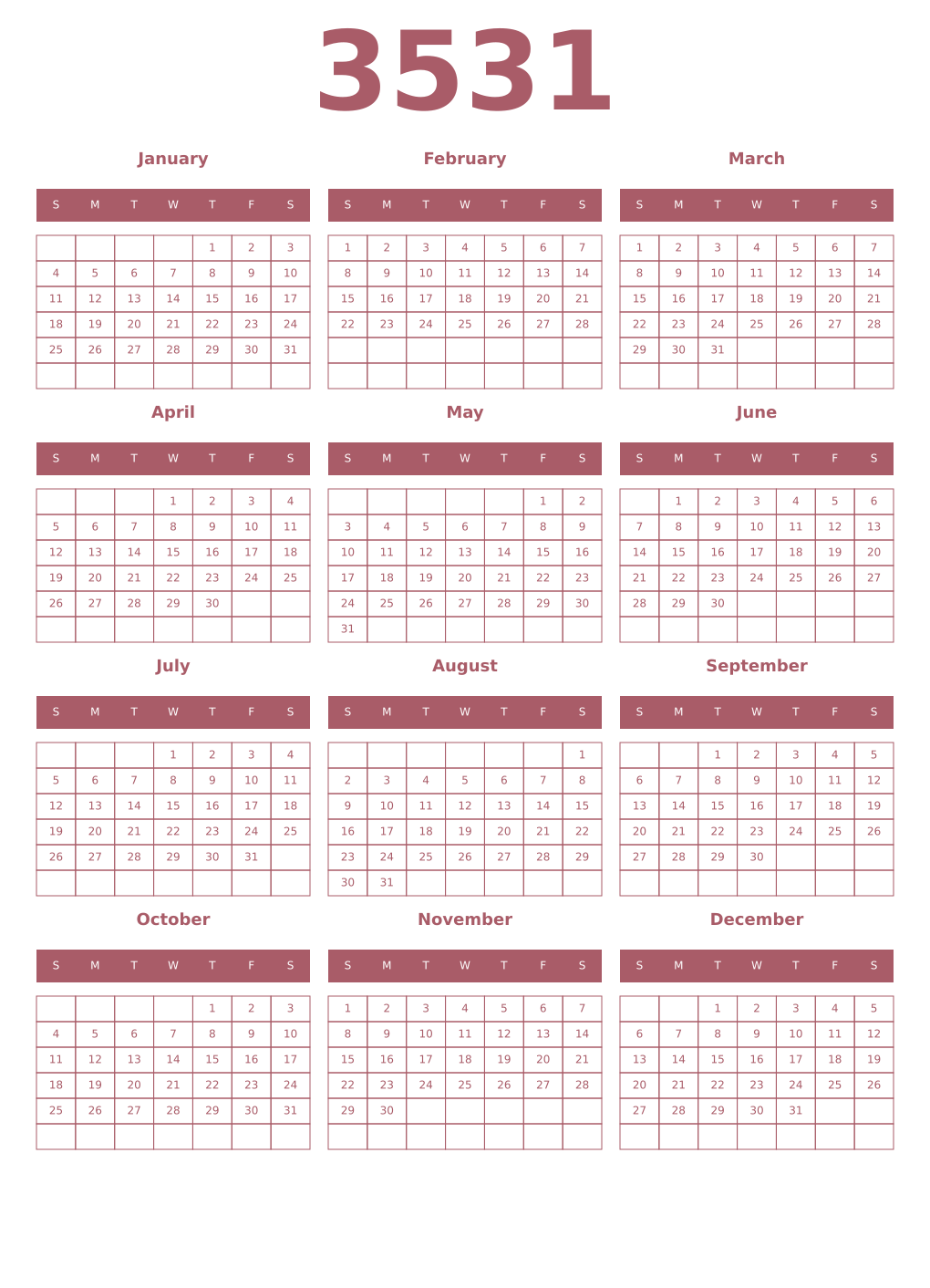 Printable 3531 Year Calendars puce
