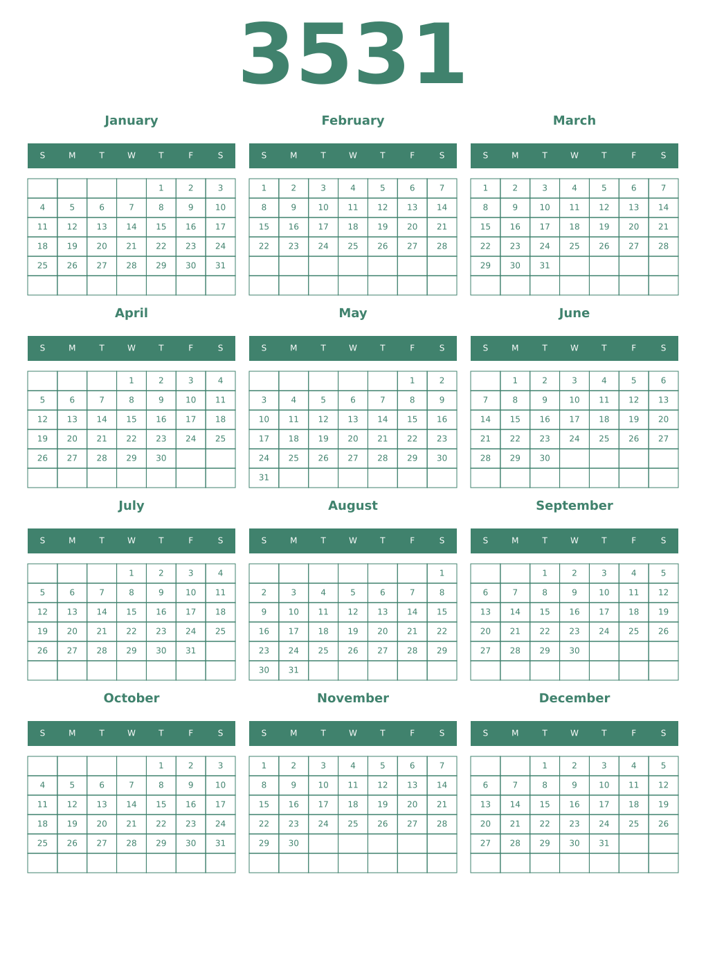 Printable 3531 Year Calendars viridian