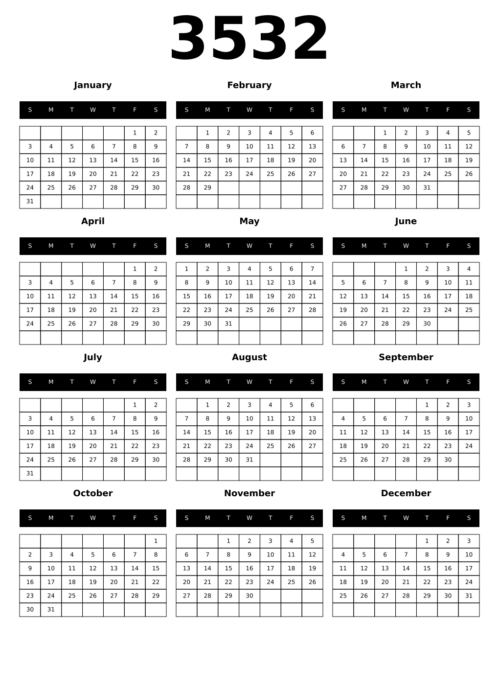 Printable 3532 Year Calendars black