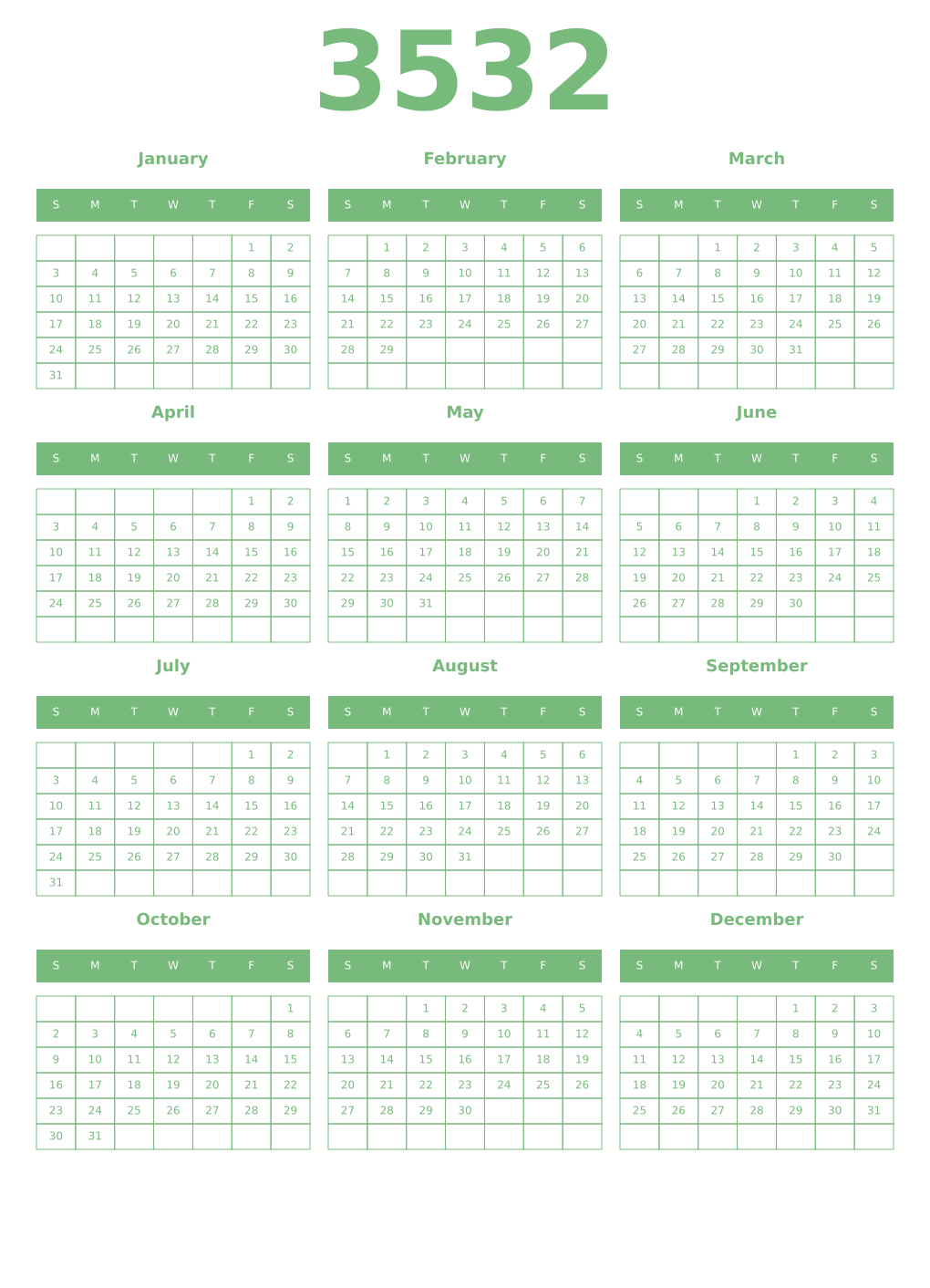 Printable 3532 Year Calendars celadon