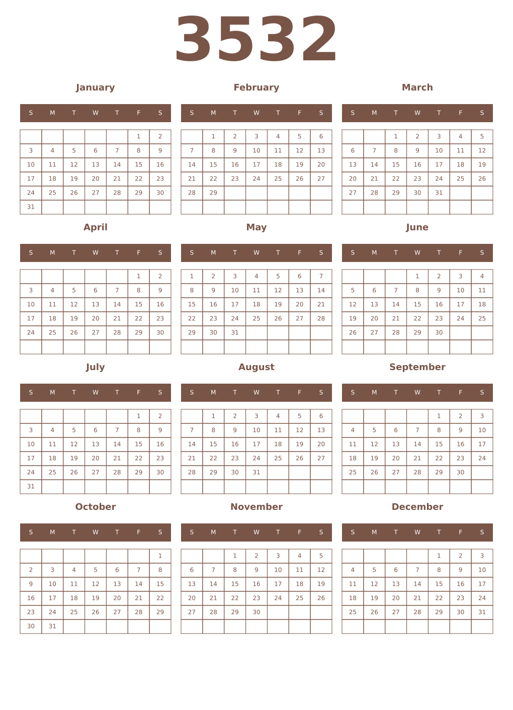 Printable 3532 Year Calendars coffe