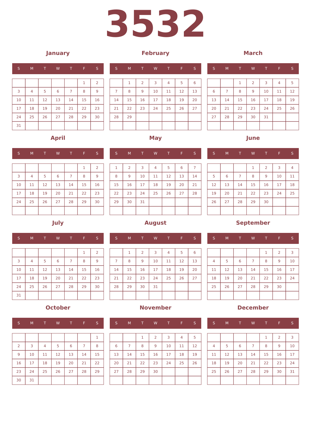 Printable 3532 Year Calendars cordovan