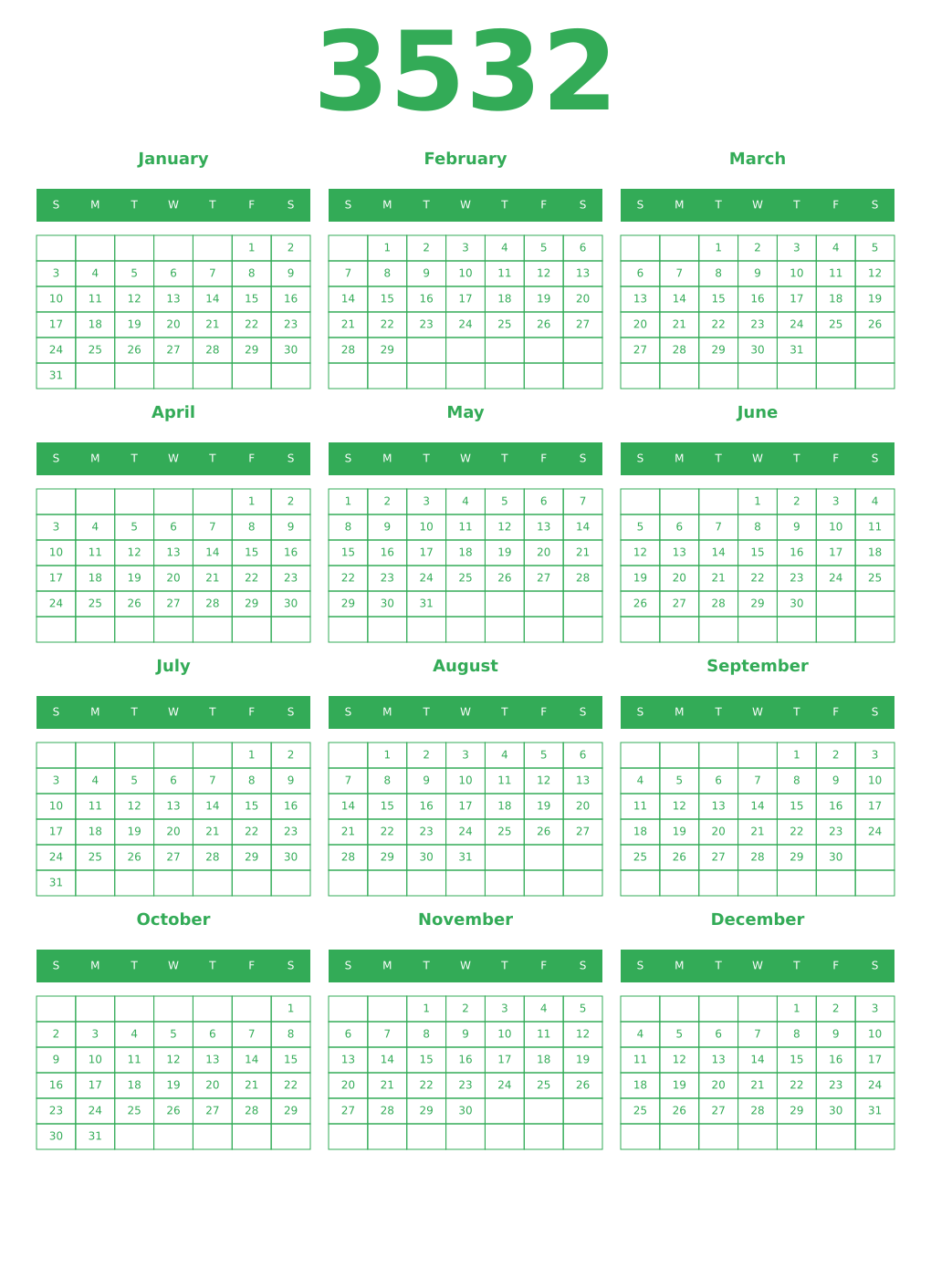 Printable 3532 Year Calendars green