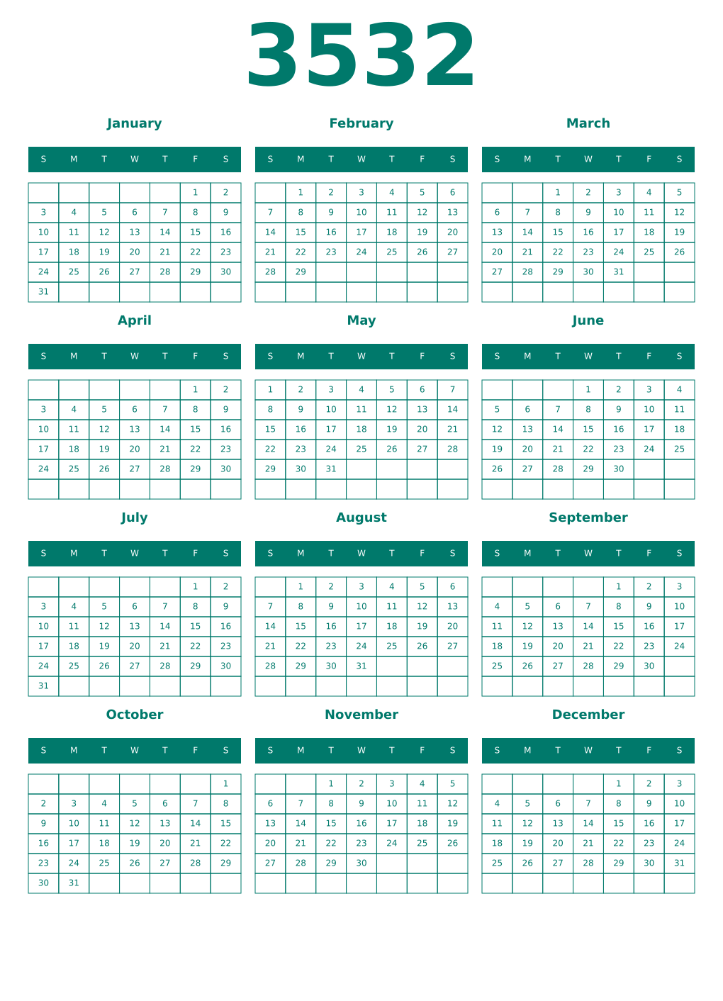 Printable 3532 Year Calendars pastel