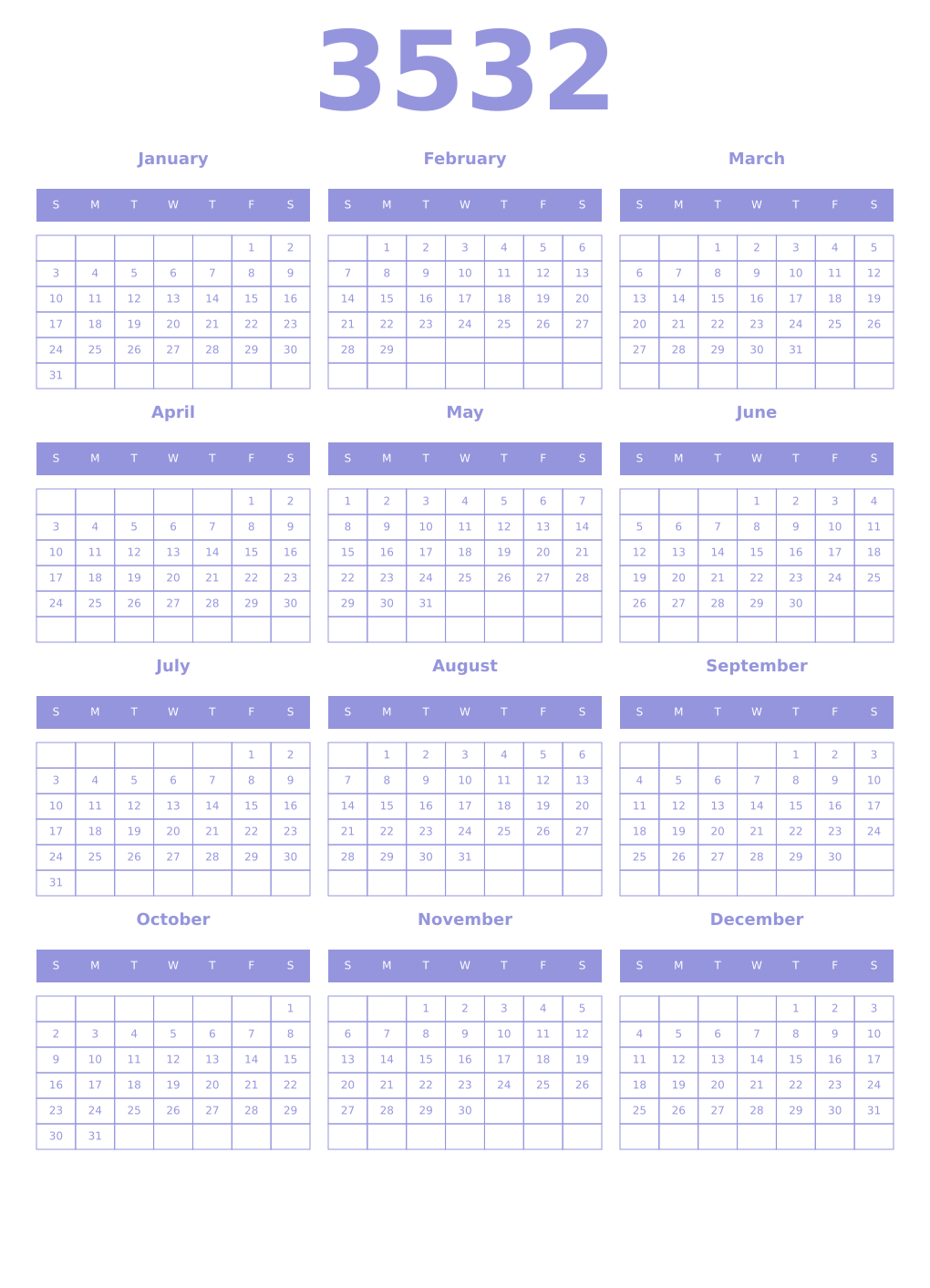 Printable 3532 Year Calendars periwinkle