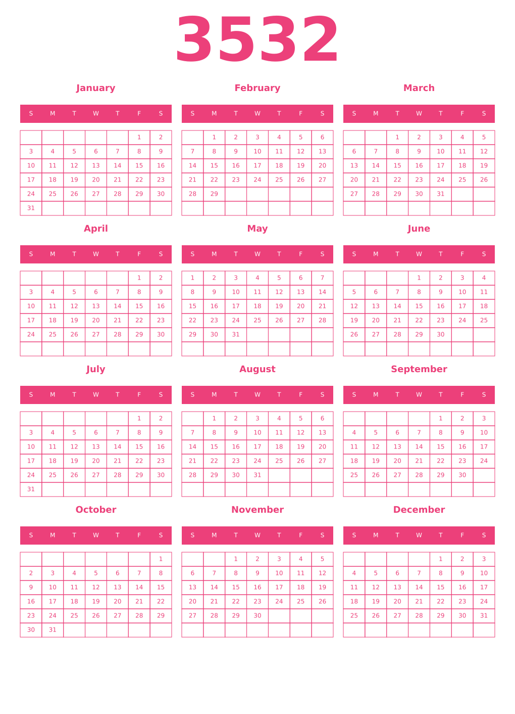 Printable 3532 Year Calendars pink
