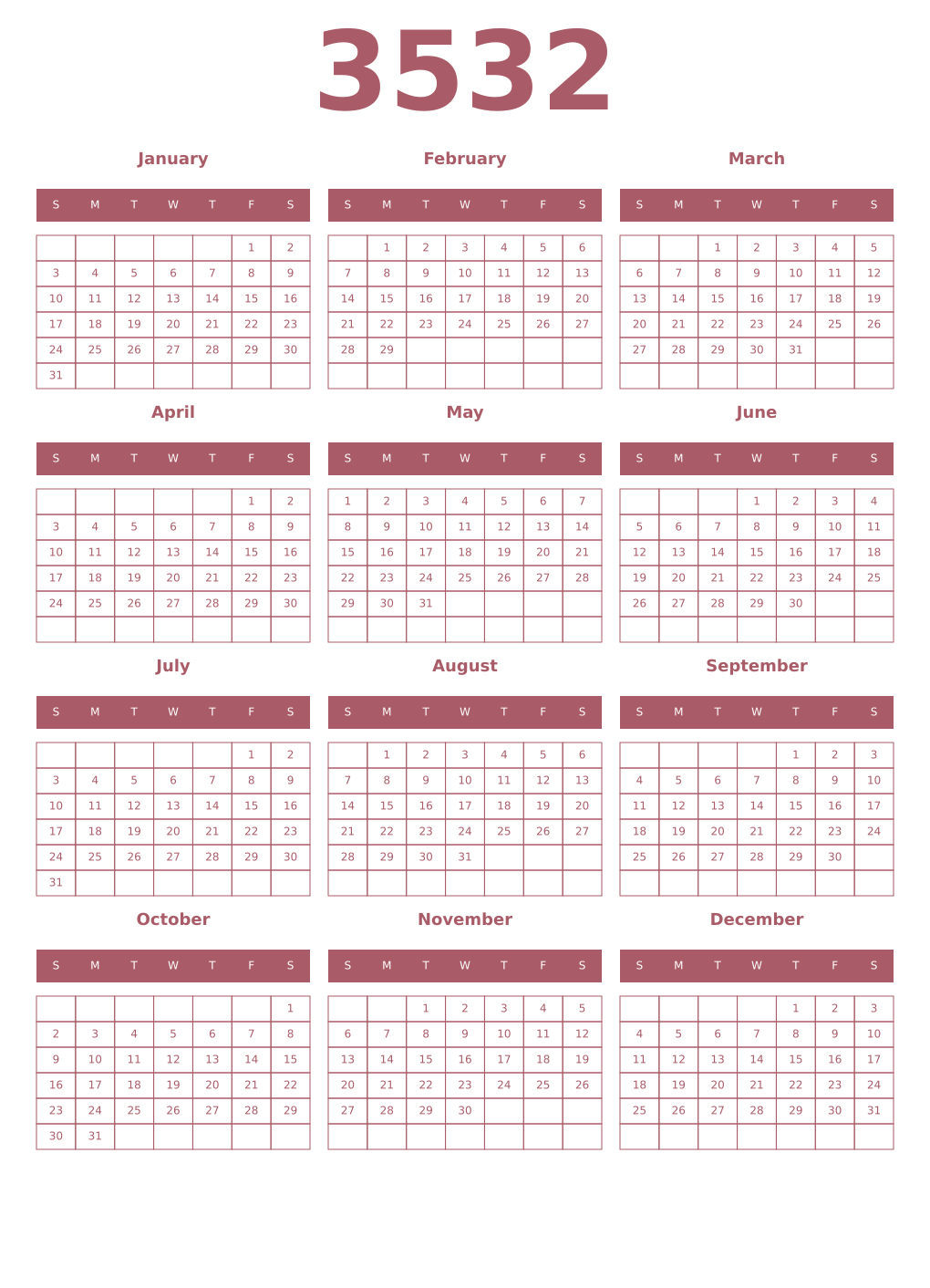 Printable 3532 Year Calendars puce