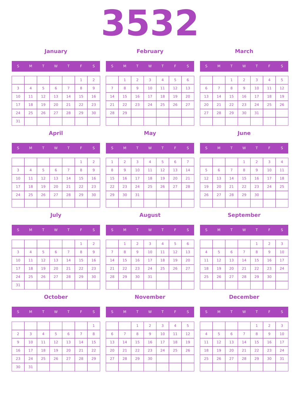 Printable 3532 Year Calendars purple
