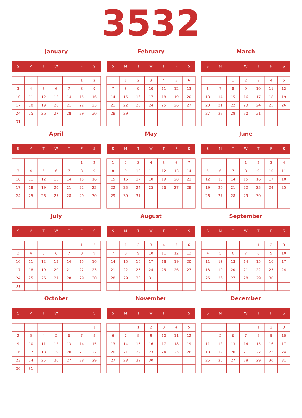 Printable 3532 Year Calendars red