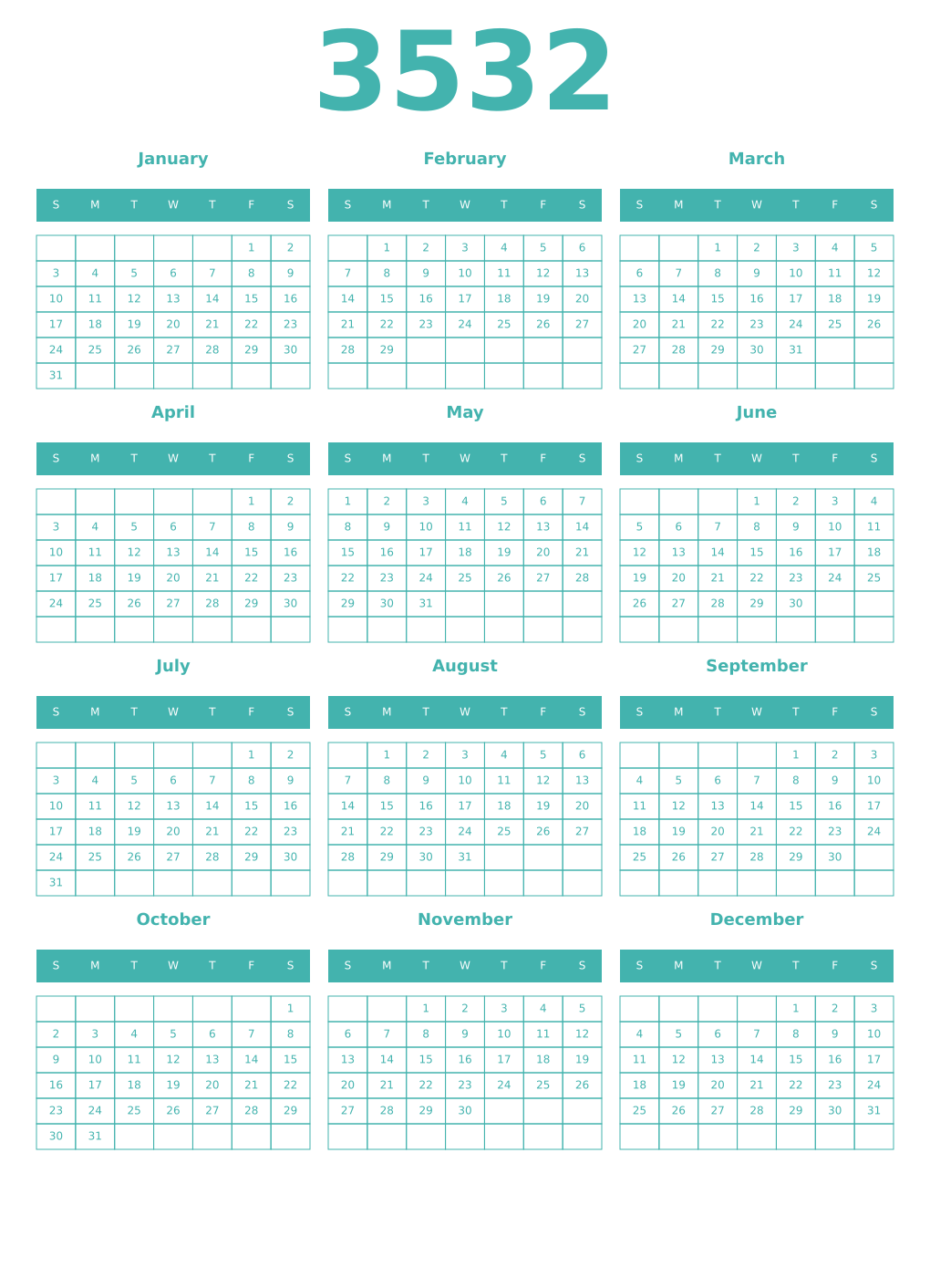 Printable 3532 Year Calendars verdigris