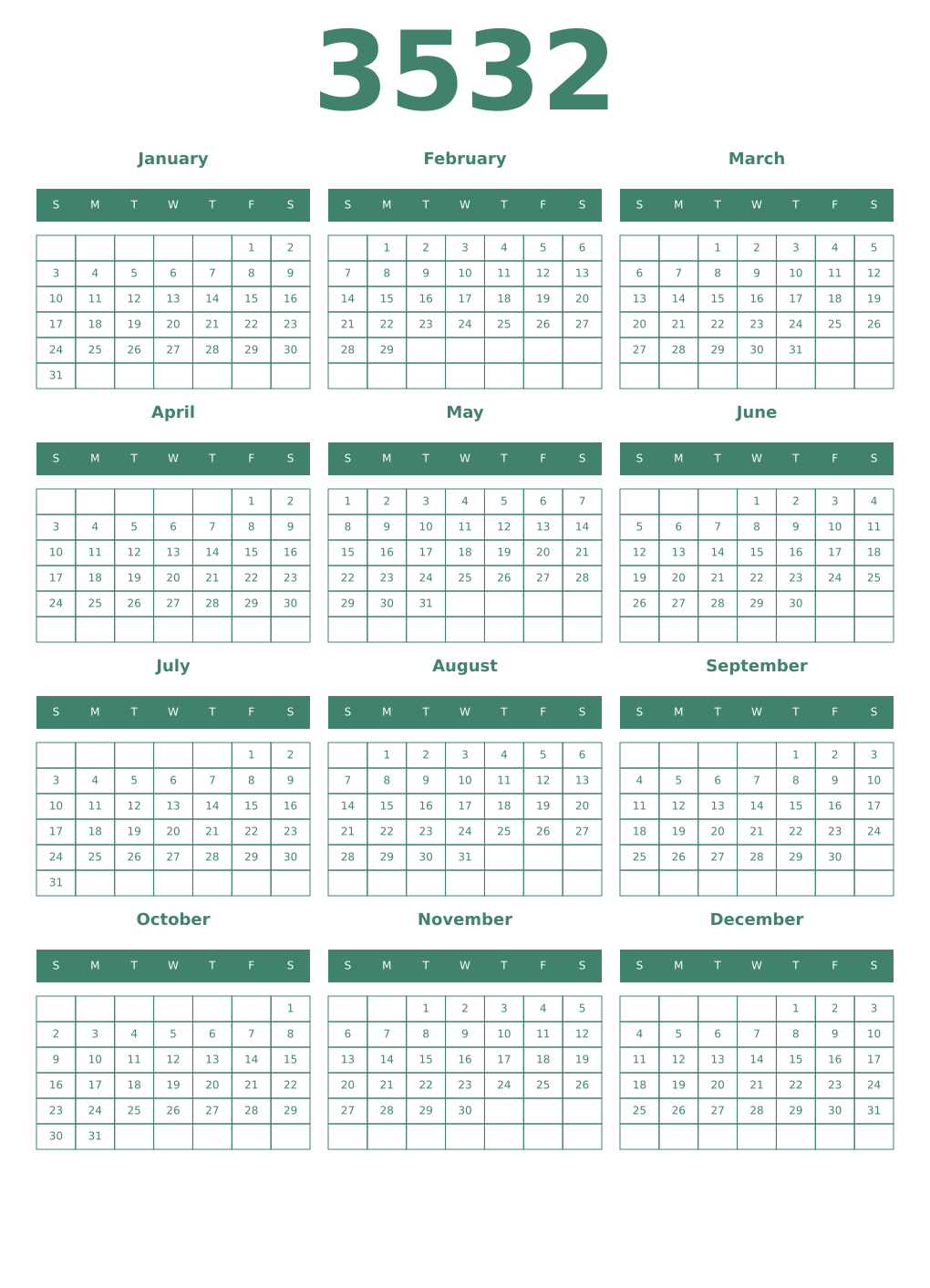 Printable 3532 Year Calendars viridian