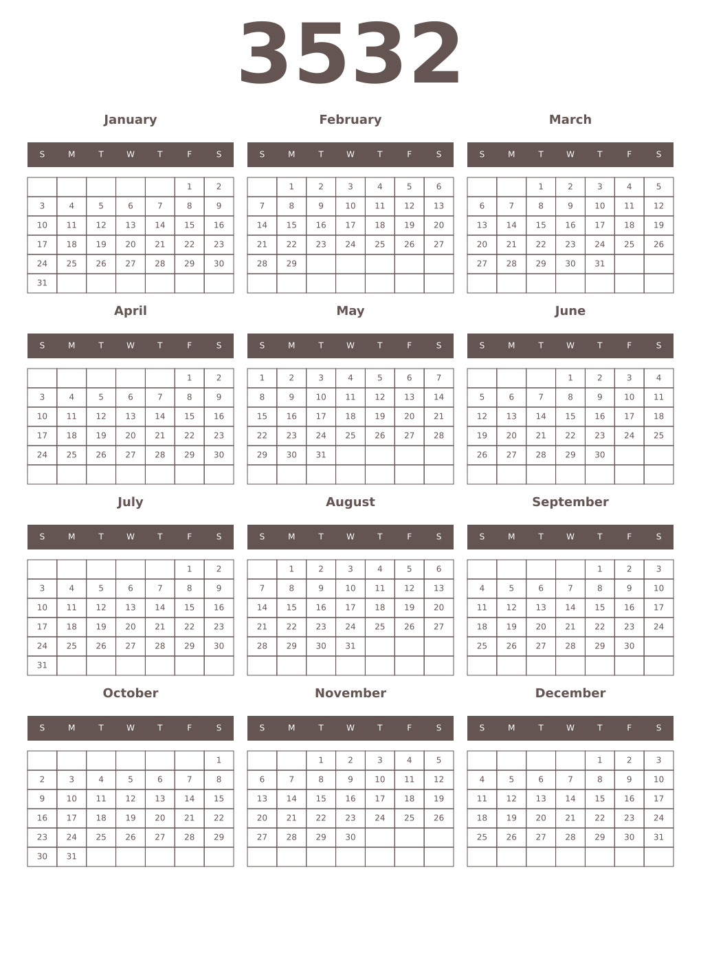 Printable 3532 Year Calendars wenge