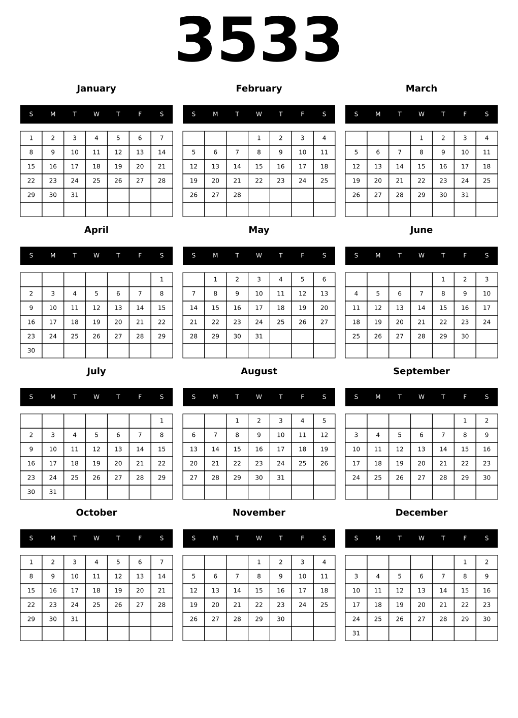 Printable 3533 Year Calendars black