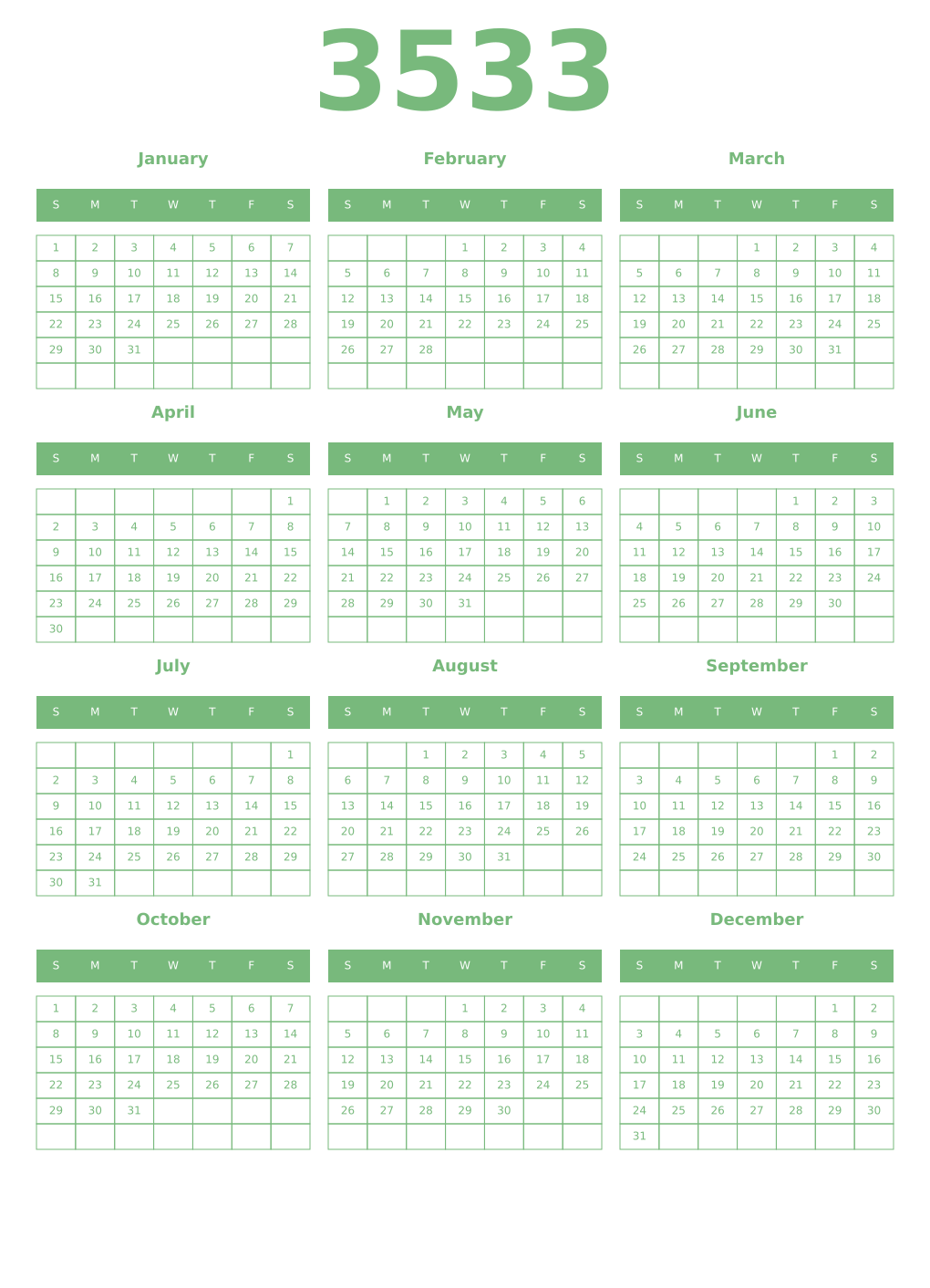 Printable 3533 Year Calendars celadon