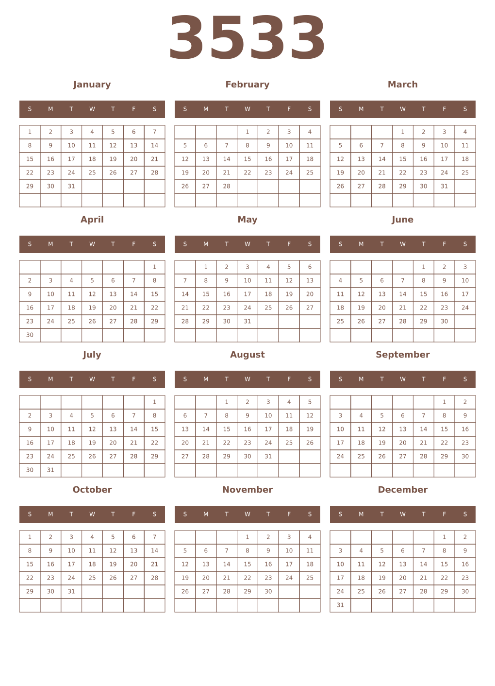 Printable 3533 Year Calendars coffe