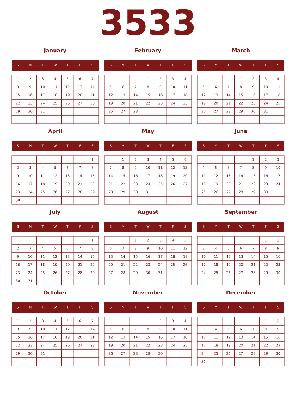Printable 3533 Year Calendars falu