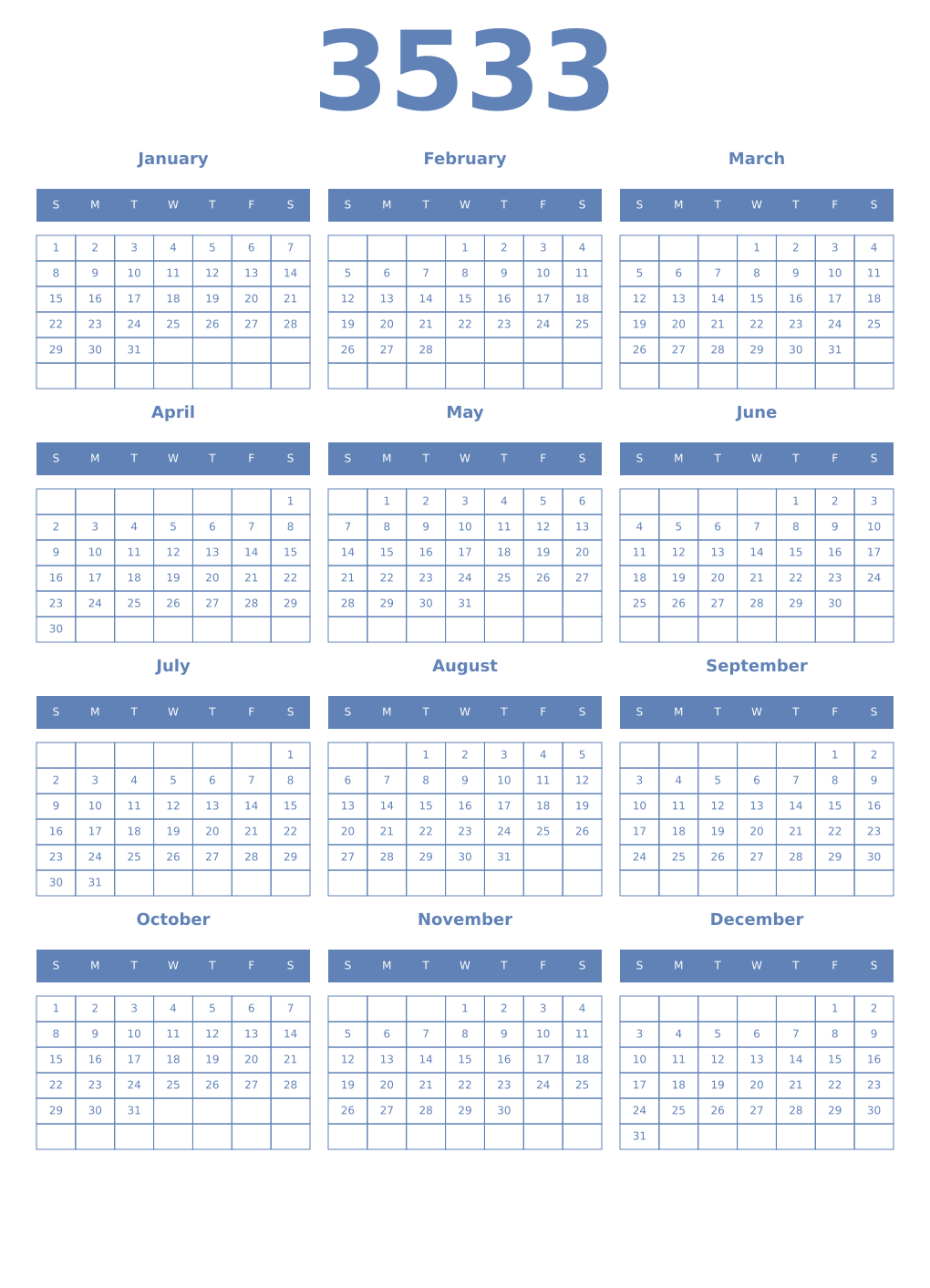 Printable 3533 Year Calendars glaucous