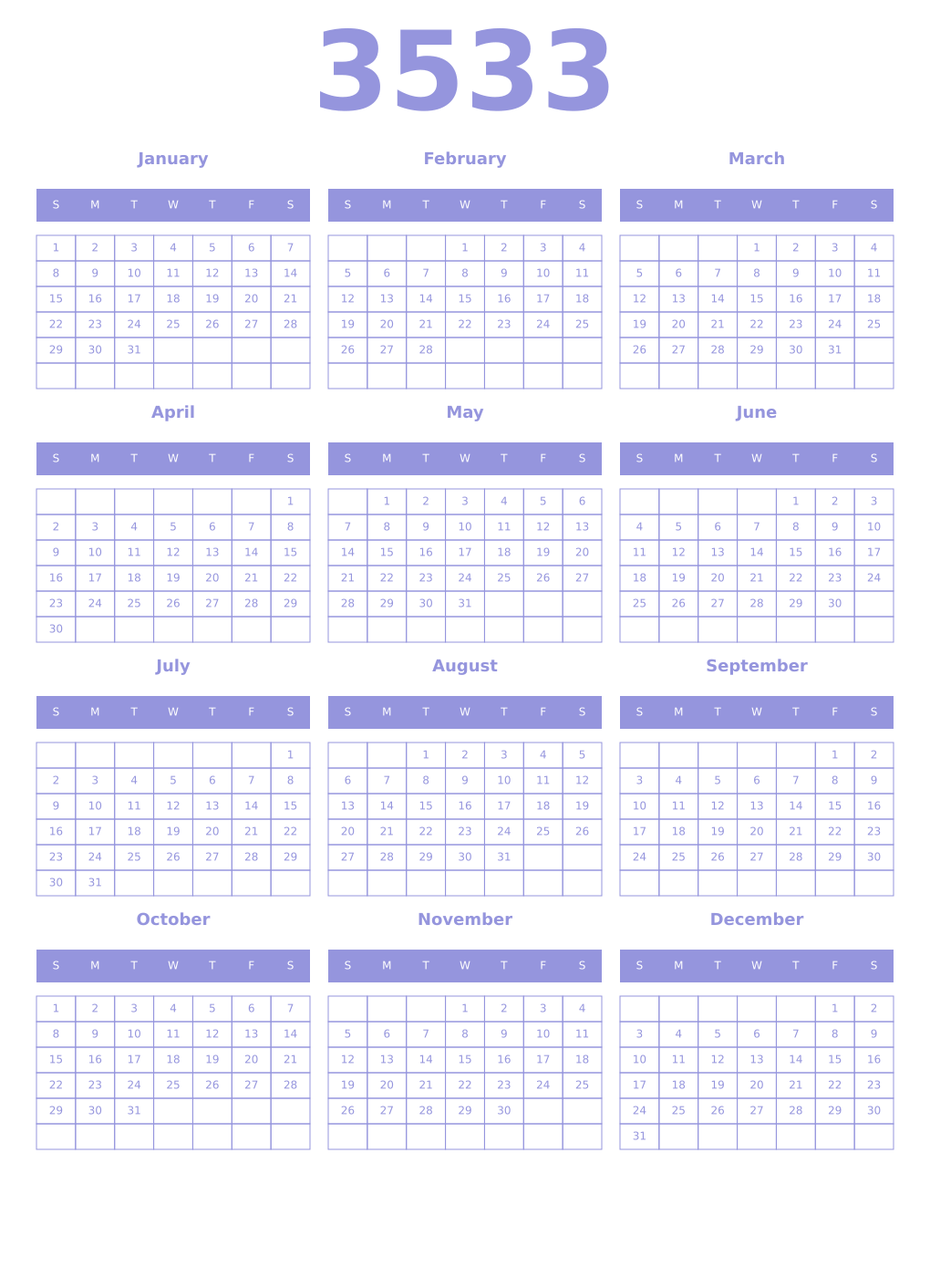Printable 3533 Year Calendars periwinkle